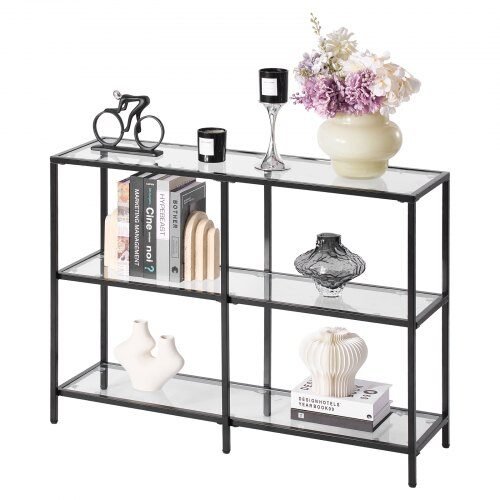 us2FJSXGZ40YCHSB5940M001V02Fgoods_img-v12Fconsole-table-m100-1.2.jpg Siauras 3-jų Lygių Konsolinis Staliukas su Stiklu. Modernus Juodas Metalinis Rėmas. 100 x 30 x 72,9 cm - Image 1