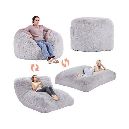 us2FKZHCRDDYFULLOX8QHV02Fgoods_img-v12Fbean-bag-chairs-m100-1.2.jpg Transformuojamas Sėdmaišis Lova-Gultas, Pilkas Pliušas, 111,8x111,8x68,6 cm (Sėdmaišis), Viskoelastinis Užpildas - Image 1