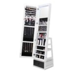 Prabangi Balta, 360° Sukama Veidrodinė Papuošalų Spintelė su LED Apšvietimu ir Stalčiumi