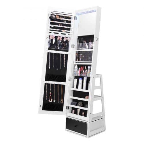 us2FLSKXZKZBSNJ139QYWV92Fgoods_img-v12Fjewelry-cabinet-m100-1.2.jpg Prabangi Balta, 360° Sukama Veidrodinė Papuošalų Spintelė su LED Apšvietimu ir Stalčiumi - Image 1