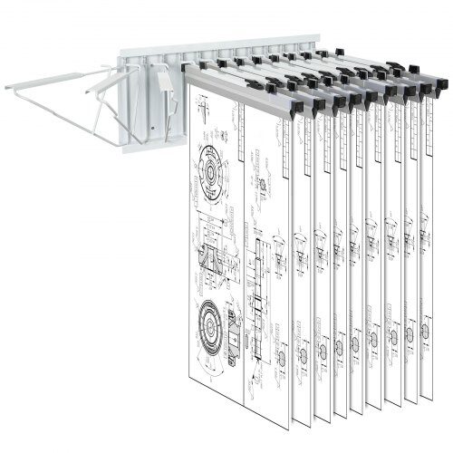 us2FLTJJS12CBGS0O6TS3V02Fgoods_img-v12Fblueprint-storage-m100-1.2.jpg Sieninis Brėžinių Laikiklis Su 12 Pasukamų Kablių, Talpa 109 kg, 60,5 x 26,5 x 37 cm, Plienas, Baltas - Image 1