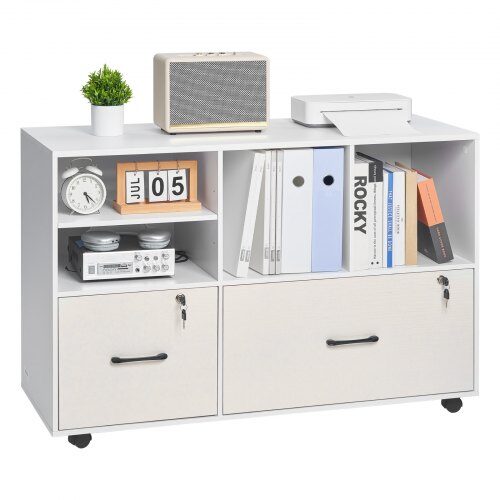us2FMZHXWJJBDDBHML8ED001V02Fgoods_img-v12Fwood-file-cabinets-m100-1.2.jpg Mobilus Baltas Biuro Spintelė/Dokumentų Spinta su 2 Rakinamais Stalčiais ir Atviromis Lentynomis – 108 x 40 x 73,2 cm - Image 1