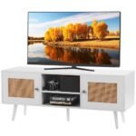 Boho TV Spintelė (120x40x49 cm), Balta su Rotango Durelėmis