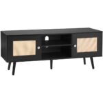 Stilinga Juoda Bopho stiliaus TV Spintelė (120x40x49 cm), su Rotango Durelėmis