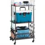 Meškerių Stovas su Ratukais 10 Vnt. Lazdoms, 55,5 cm x 33 cm x 86 cm, su Papildoma Lentyna