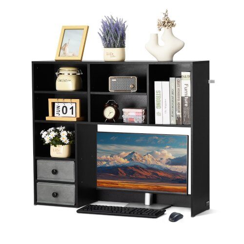 us2FZMSJDNZSJMB3FTXWIV02Fgoods_img-v12Fdesktop-bookshelf-m100-1.2.jpg Reguliuojamas Stalas - lentyna/organizatorius, juodas, 3 Aukštų, 94 x 25,4 x 79,2 cm. Stalo Organizatorius Biurui - Image 1
