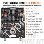 Universalus 116 dalių Sriegių Pjovimo Rinkinys, Metriniai ir Colių Dydžiai, M3–M20 - Image 4