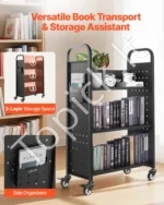Knygų Bibliotekos Vežimėlis 150 kg, 3 Vienpusės L Formos Lentynos, Dvigubi Stabdžiai, Anglinis Plienas - Image 2