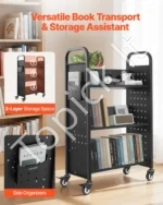 Knygų Bibliotekos Vežimėlis 150 kg, 3 Vienpusės V Formos Lentynos, Dvigubi Stabdžiai, Anglinis Plienas - Image 2