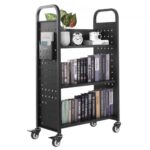 Knygų Bibliotekos Vežimėlis 150 kg, 3 Vienpusės L Formos Lentynos, Dvigubi Stabdžiai, Anglinis Plienas