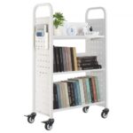 Knygų Bibliotekos Vežimėlis 150 kg, 3 Vienpusės V Formos Lentynos, Dvigubi Stabdžiai, Anglinis Plienas, 77 × 38 × 122 cm