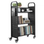 Knygų Bibliotekos Vežimėlis 150 kg, 3 Vienpusės V Formos Lentynos, Dvigubi Stabdžiai, Anglinis Plienas