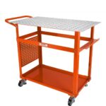 VEVOR Welding Table 36'' x 24'', 600lbs Load Capacity Steel Welding Workbench Table on Wheels, Portable Work Bench with Double-layer Storage Board, 5/8-inch Fixture Holes, 11 Hooks