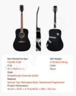 Akustinė gitara Dreadnought, 104 cm, juodos spalvos pradedančiųjų rinkinys suaugusiems - Image 7