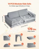 Modulinė vaikiška sofa-žaidimų aikštelė, 14 dalių komplektas, pilkos spalvos - Image 3