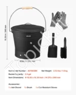 Pelenų kibiras 9,8 l, 4 dalių rinkinys su dangčiu, semtuvėliu, šepečiu ir pirštinėmis - Image 7