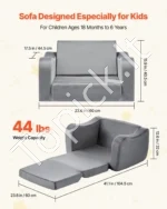 Vaikiška sofa du viename, sulankstomas minkštas fotelis su porankiais, pilkos spalvos - Image 3