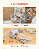 Vaikiška sofa du viename, sulankstomas minkštas fotelis su porankiais, pilkos spalvos - Image 2