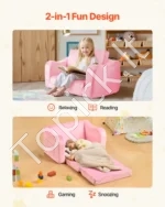 Vaikiška sofa du viename, sulankstomas minkštas fotelis su porankiais, rausvos spalvos - Image 2