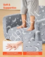 Vaikiška sofa du viename, sulankstomas minkštas fotelis su porankiais, tamsoje šviečiantis raštas, pilka - Image 5