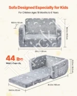 Vaikiška sofa du viename, sulankstomas minkštas fotelis su porankiais, tamsoje šviečiantis raštas, pilka - Image 3