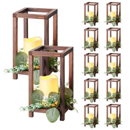 de2FMZHLDLDLLEDL7TS16001V92Fgoods_img-v12Fwedding-lantern-m100-1.2.jpg Mediniai dekoratyviniai rudi žibintai su LED žvakėmis ir eukaliptų vainikais vestuvių stalams, 14x14x25,5 cm, 12 kompl. - Image 1