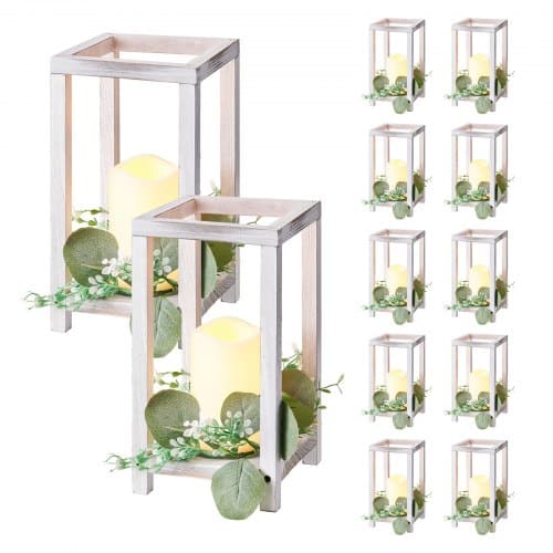 de2FMZHLDLDLLEDLBXHV3001V92Fgoods_img-v12Fwedding-lantern-m100-1.2.jpg Mediniai dekoratyviniai balti žibintai su LED žvakėmis ir eukaliptų vainikais vestuvių stalams, 14x14x25,5 cm, 12 kompl. - Image 1