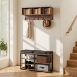 Prieškambario kabykla su batų lentyna ir suoliuku 80 × 30 × 180 cm – 3 viename, ruda