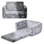 Vaikiška sofa du viename, sulankstomas minkštas fotelis su porankiais, tamsoje šviečiantis raštas, pilka