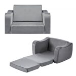 Vaikiška sofa du viename, sulankstomas minkštas fotelis su porankiais, pilkos spalvos