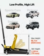 3 tonų žemo profilio hidraulinis domkratas su dvigubu stūmokliu ir SUV adapteriu, 75–500 mm - Image 3