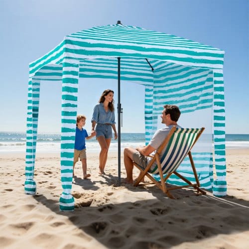 de2FJYKHTXW6FT6F3F2LS001V02Fgoods_img-v12Fbeach-cabana-m100-1.2.jpg Paplūdimio kabana su apsauga nuo saulės (1,83 x 1,83 m), Žali dryžiai - Image 1