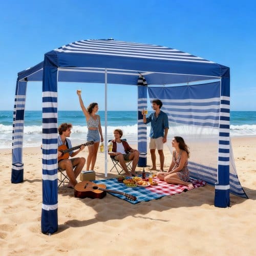 de2FJYKHTXW8FT8F653NJ001V02Fgoods_img-v12Fbeach-cabana-m100-1.2.jpg Paplūdimio pavėsinė su apsauga nuo saulės (240 x 240 cm),Tamsiai mėlyni ir balti dryžiai - Image 1