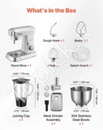 Daugiafunkcis stalinis elektrinis mikseris 4,3 L su 1,5 L trintuvu (blenderiu), 1300W tešlos maišytuvas su 6 greičiais ir pulso funkcija (sidabrinis) - Image 3