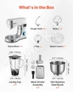 Daugiafunkcis stalinis elektrinis mikseris 5,7 L su 1,5 L trintuvu (blenderiu), 1500W tešlos maišytuvas su 6 greičiais ir pulso funkcija (sidabrinis) - Image 3