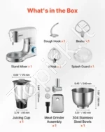 Daugiafunkcis stalinis elektrinis mikseris 6 L su 1,5 L trintuvu (blenderiu), 1500W tešlos maišytuvas su 6 greičiais ir pulso funkcija (sidabrinis) - Image 3
