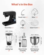 Daugiafunkcis stalinis elektrinis mikseris 7,8 L su 1,5 L trintuvu (blenderiu) ir mėsmale, 1500W virtuvinis kombainas su 6 greičiais ir pulso funkcija (juodas) - Image 3