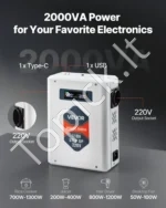 Įtampos keitiklis-transformatorius 2000VA (110V į 220V), su LCD ekranu ir USB jungtimi - Image 2