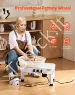 Profesionalus elektrinis žiedimo ratas su kojiniu pedalu ir reguliuojamu aukščiu, 35 cm, 60–300 RPM, baltas - Image 2