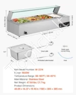 Stalinė elektrinė maisto šildyklė 1500W, nerūdijančio plieno marmitas su stikliniu gaubtu ir 4 talpomis - Image 7