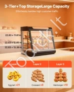 Trijų lentynų komercinė šildoma maisto vitrina 1200W, 100L talpos su LED apšvietimu ir 30–85°C gariniu šildymu - Image 5