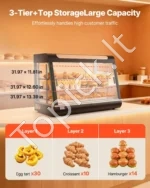Trijų lentynų komercinė šildoma maisto vitrina 1400W, 130L talpos su LED apšvietimu ir 30–85°C gariniu šildymu - Image 4