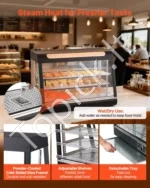 Trijų lentynų komercinė šildoma maisto vitrina 1400W, 130L talpos su LED apšvietimu ir 30–85°C gariniu šildymu - Image 5