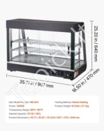 Trijų lentynų komercinė šildoma maisto vitrina 1400W, 130L talpos su LED apšvietimu ir 30–85°C gariniu šildymu - Image 6