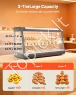 Trijų lentynų komercinė šildoma maisto vitrina 1600W, 180L talpos su LED apšvietimu ir 30–85°C gariniu šildymu - Image 5