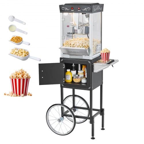de2FCSBMHJHS8OZWX2BT6001V22Fgoods_img-v22Fpopcorn-machine-m100-1.2.jpg Mobili elektrinė kukurūzų spragėsių gaminimo mašina su vežimėliu 800W, 0,2 kg talpos katilu (juoda) - Image 1
