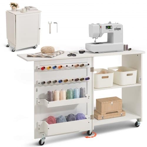 de2FFRZJYXXKZDBHL2LV9V02Fgoods_img-v22Fsewing-table-m100-1.2.jpg Sulankstomas siuvimo stalas su ratukais ir lentynomis 1170 x 400 x 778 mm, baltas - Image 1