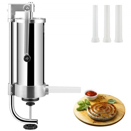 de2FSDLSBXGGCJ3L10KSCV02Fgoods_img-v42Fsausage-stuffer-m100-1.2.jpg Rankinis vertikalus dešrų kimštuvas (3 L / 2,3 kg), nerūdijančio plieno namų gamybos mėsos kimšimo aparatas su 3 antgaliais ir vakuuminiu pagrindu - Image 1