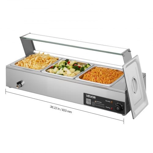 de2FSYSPBWQ312FSIUL9D001V22Fgoods_img-v12Fcommercial-food-warmer-m100-1.2.jpg Stalinė elektrinė maisto šildyklė 1500W, nerūdijančio plieno marmitas su stikliniu gaubtu ir trimis 1/2 dydžio talpomis - Image 1