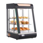Trijų lentynų komercinė šildoma maisto vitrina 800W, 57L talpos su LED apšvietimu ir 30–85°C gariniu šildymu